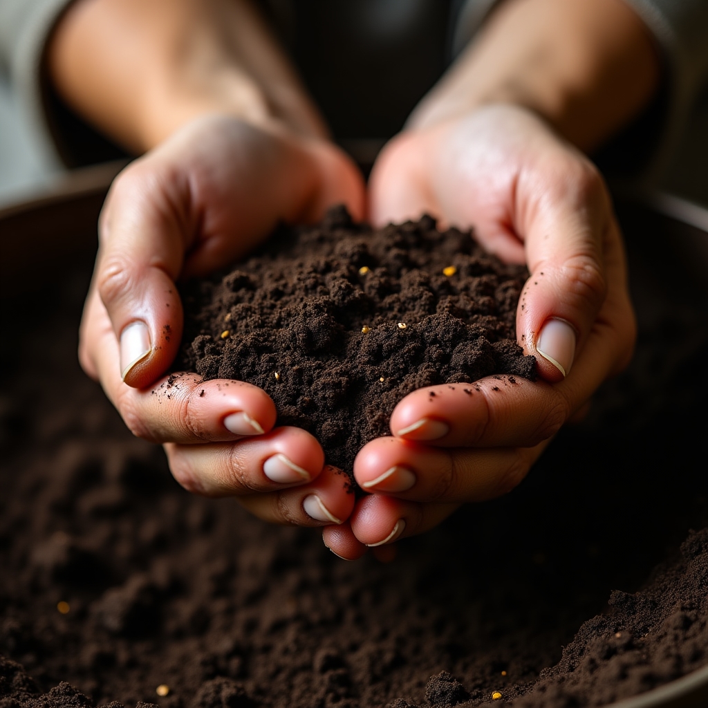 Manos revisando compost casero terminado antes de incorporarlo a una maceta