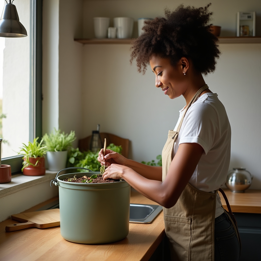 Balde de compostaje doméstico con restos de cocina en una cocina pequeña
