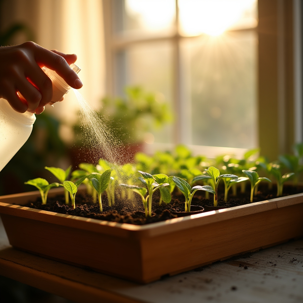Bandeja de plantines en germinación cerca de una ventana con luz natural